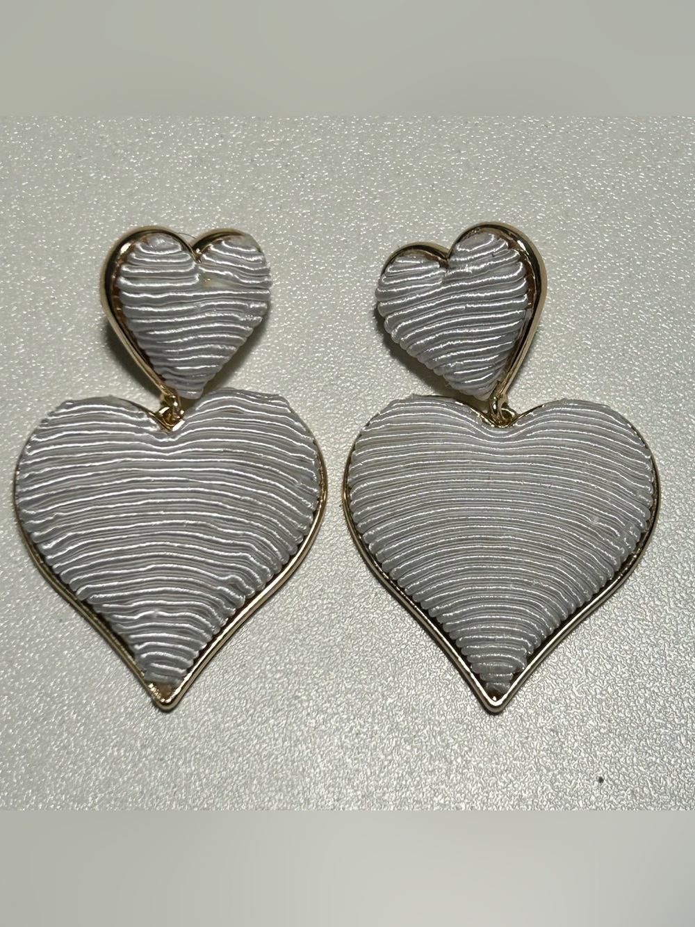 Double Heart White Textured Earrings Post Backs Cute